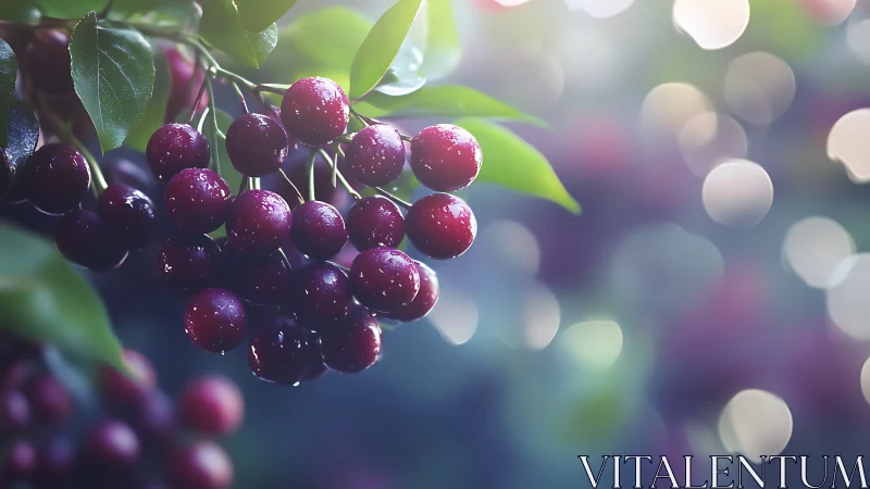 Morning dew jewels on ripe cherries in dreamy orchard glow.