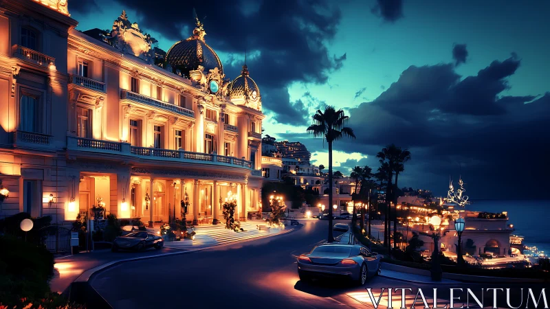 Velvet dusk drapes a glowing coastal palace in quiet opulence