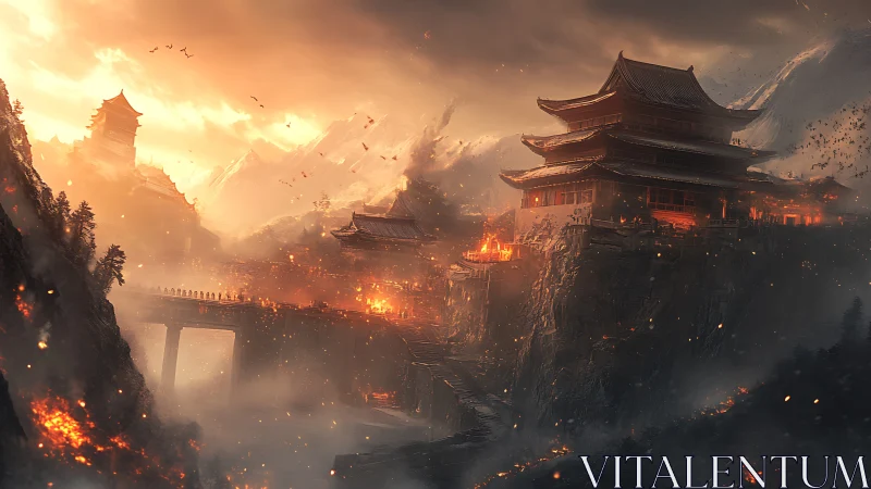 Burning mountain temple complex dominates a misty ravine