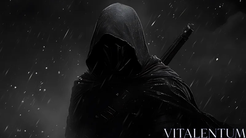 Hooded shadow warrior stands alone in stormy darkness.