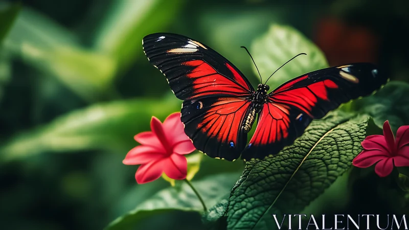 Crimson wings hold still while jungle greens quietly breathe