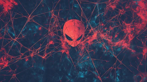 Red stylized mask within abstract web-like structure.