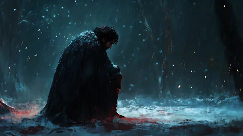 Solitary cloaked figure kneels in a storm of snow and sorrow
