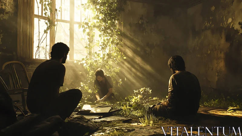 Post-collapse interior trinity under volumetric sunlight shafts.