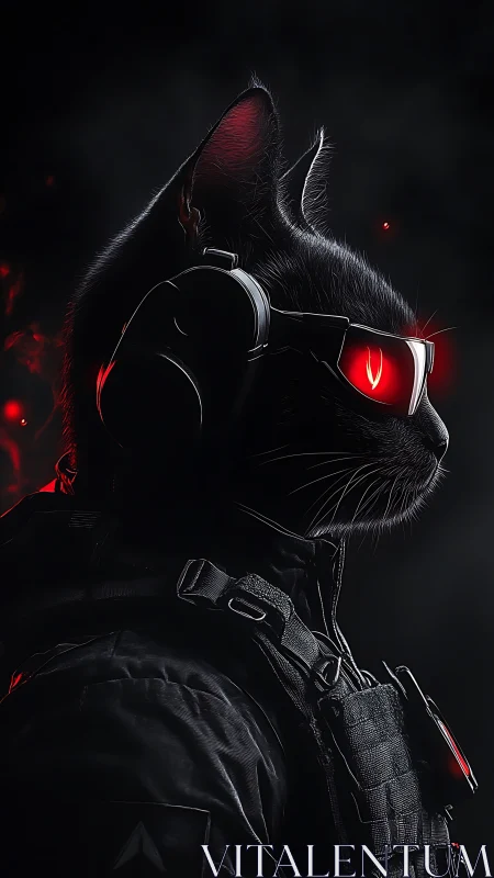 Midnight cyber-commando cat in neon red armor vigil mode.
