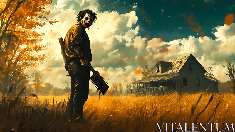 Masked figure with saw in autumn field near farmhouse.