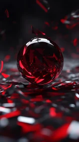 Crimson glass sphere amid floating shards in dark space.