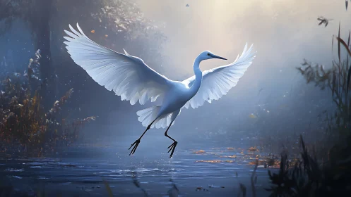 White heron with extended wings above misty wetland water.