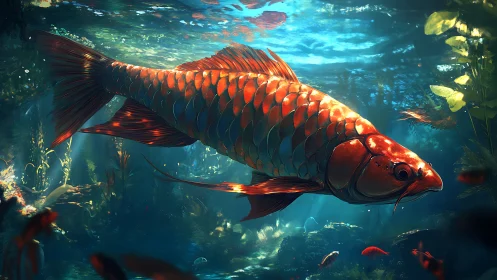 Iridescent koi rendered in luminous underwater digital painting