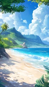 Tropical Beach Paradise with Emerald Mountains.