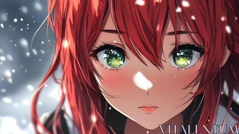 Snowlit red-haired girl with luminous green eyes portrait.