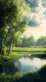 Sunlit riverside meadow with reflective still water surface.