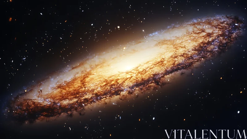 Edge-on spiral galaxy rendered with luminous stellar core
