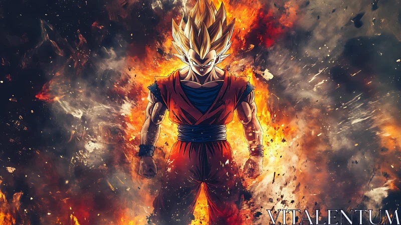 Central anime warrior stands amid radial fiery explosion