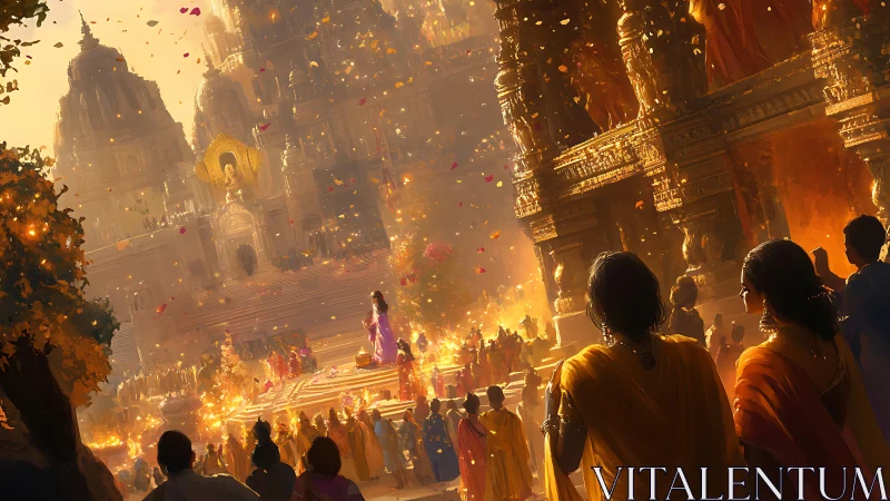 Crowd moves toward illuminated temple complex in evening light