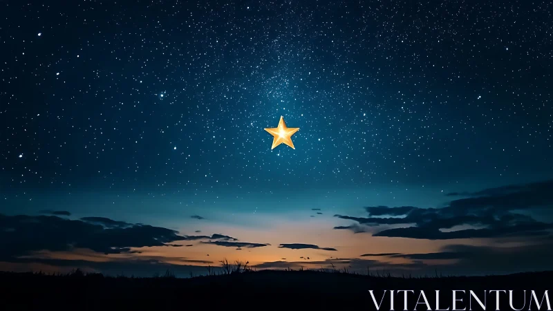 Golden stylized star suspended above photoreal twilight sky