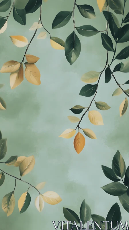 Soft green backdrop with stylized hanging leafy branches.