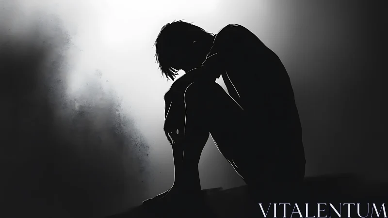 Silhouetted seated figure in high contrast monochrome light.