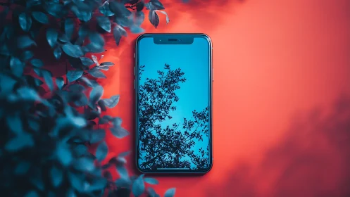 Mirror-screen phone cradles skyward leaves on coral stage.