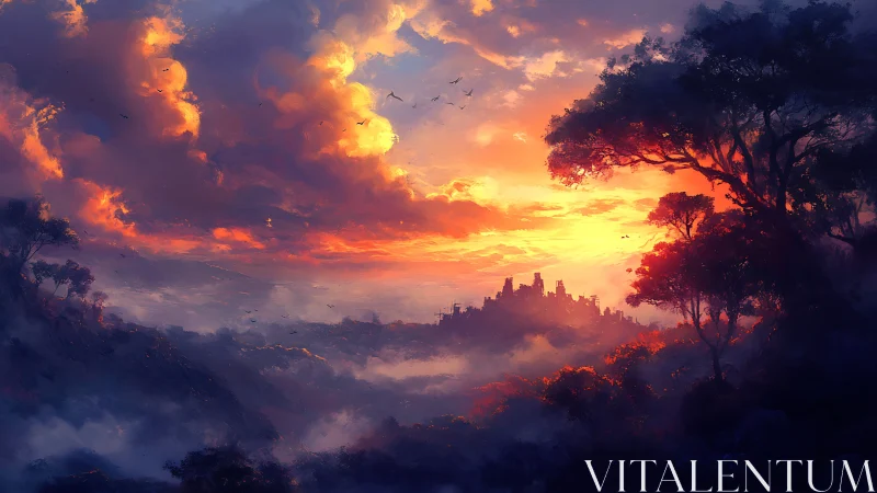 Sunset over misted fantasy citadel framed by forest silhouettes.