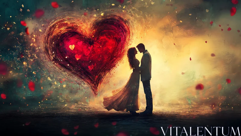 Couple silhouettes kissing before luminous heart vortex with fire effects