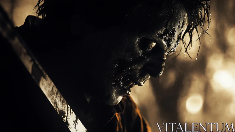 Cinematic horror close-up of decayed killer profile lighting.