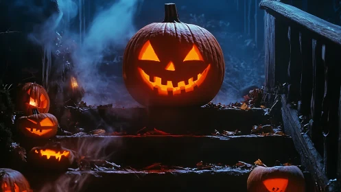 Jack-o’-lantern royalty rules foggy stairs under moonlit mischief