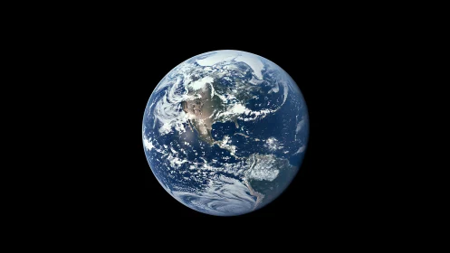 Blue planet drifts in velvet space, swirling with cloud spirals.