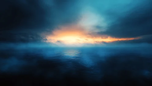 Gentle dawn light opens over a calm, misty blue ocean
