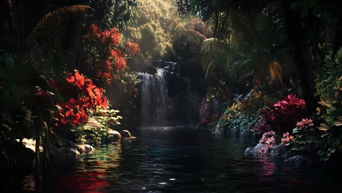 Dense tropical waterfall pool framed by lush foliage