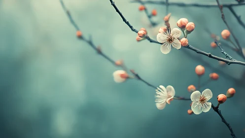 Delicate Cherry Blossoms with Coral Buds on Teal Background.