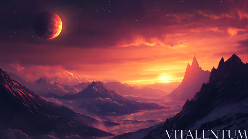 Radiant alien sunrise bathes misty mountains in quiet magic