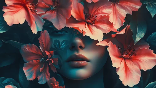 Whispered portrait hidden beneath glowing tropical blooms.