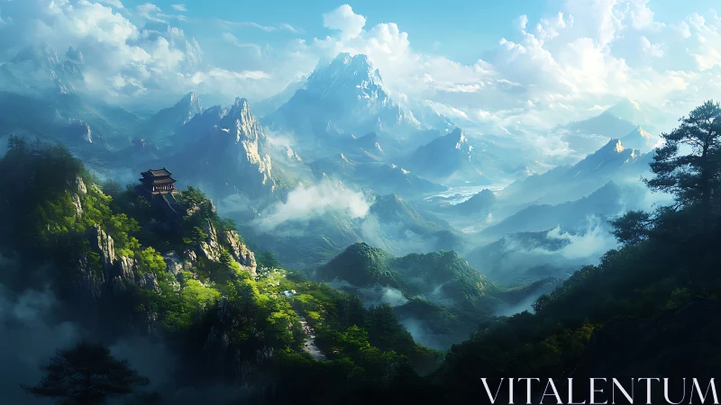 Sunlit temple overlooks misty fantasy mountain valley