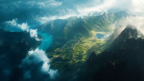 Aerial fantasy valley panorama renders ethereal mountain light