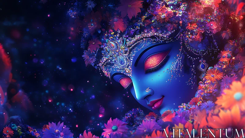 Dreamy celestial goddess resting in a garden of starlit blooms.