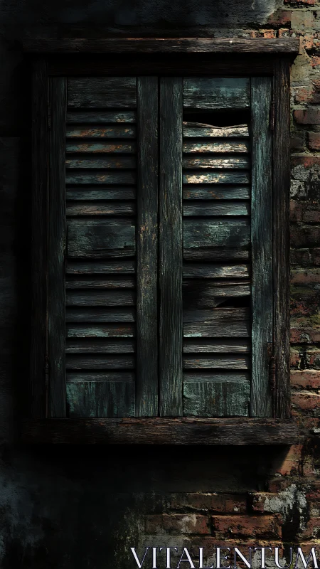 Weathered wooden shutters brood against an aging brick wall