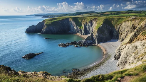 Coastal cliffs enclose curved coves along a temperate shoreline