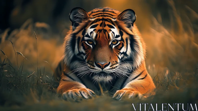Majestic tiger resting in warm cinematic backlit grassland.