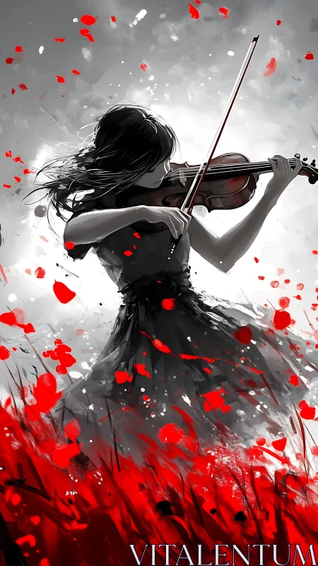 Dynamic grayscale violinist framed by red abstract motion field