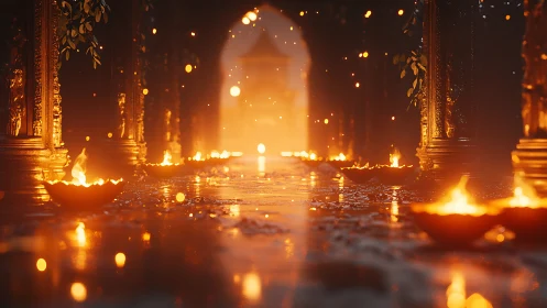 Lined oil lamps in ornate corridor with distant structure.