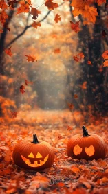 Glowing jack o’lanterns warm an enchanted autumn forest path
