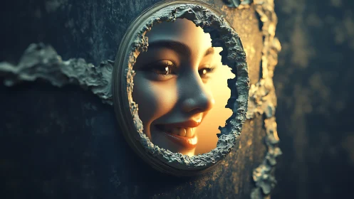 Smiling face emerging through corroded circular aperture wall.