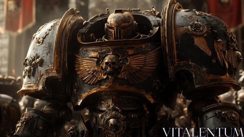 Heavily armored sci fi warrior stands in ornate power suit