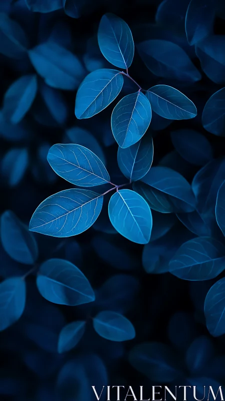 Midnight blue leaves glow softly in a dreamy forest hush