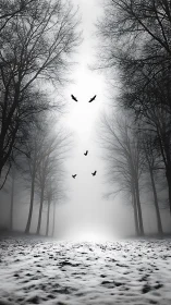 Monochrome winter forest corridor with silhouetted crows in flight.