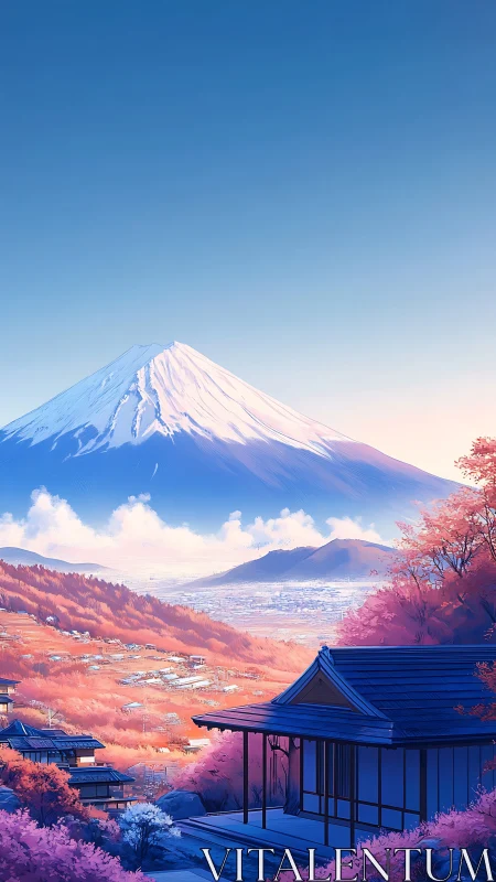 Digital Mt Fuji landscape with pink valley village at dawn.