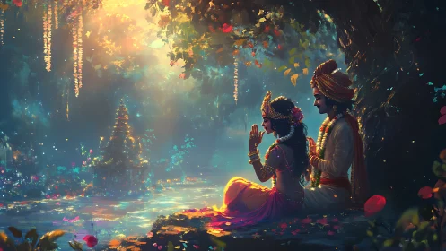 Luminous riverside lovers resting beneath a sacred tree.