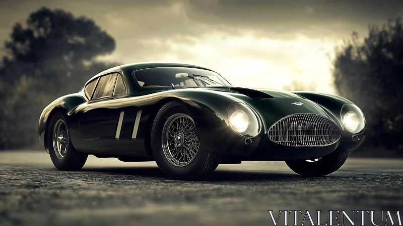 Vintage racing coupe glows against a moody twilight road