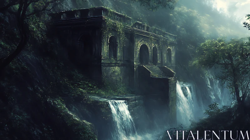 Ancient stone aqueduct fortress spans twin cascading waterfalls